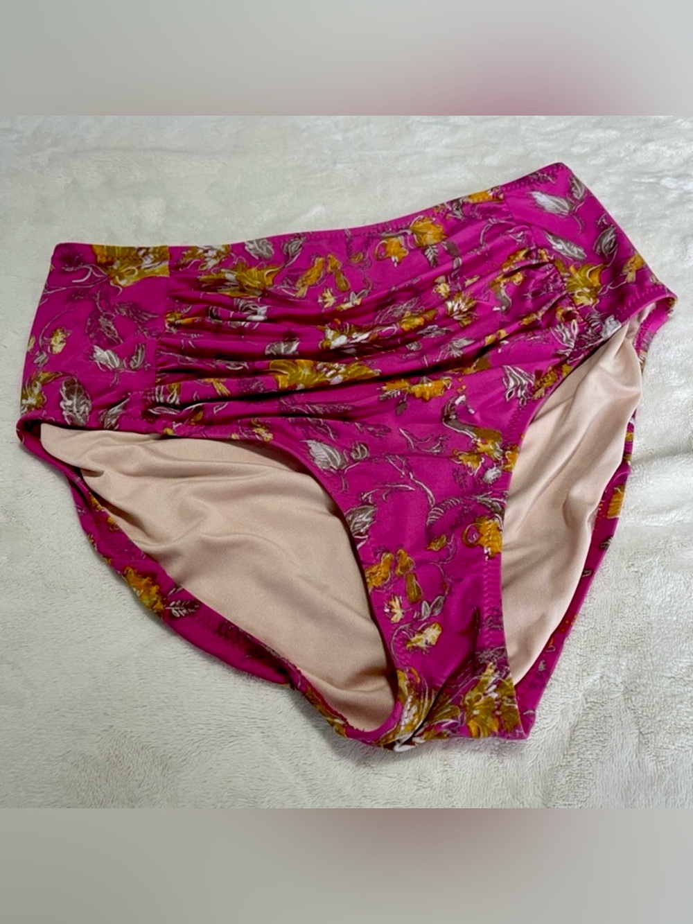 Garnet Hill Shoreline Ruched High Waisted Bikini Bottoms 10 Pink Peonies Swim